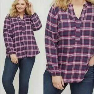 Lane Bryant Navy Blue Pink Plaid Flannel Long Sleeve Top